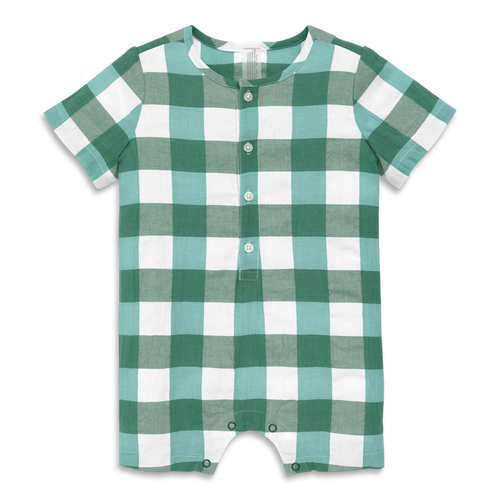 Primary Baby Henley Picnic Shortie In Gingham In Chive Sunwashed Teal Gingham