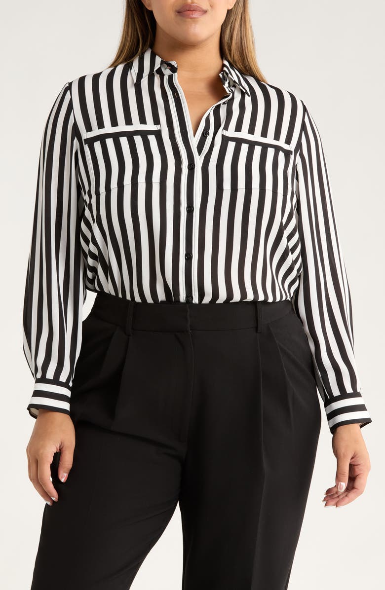 KASPER Stripe Button-Up Shirt, Main, color, Black/ Vanilla Ice