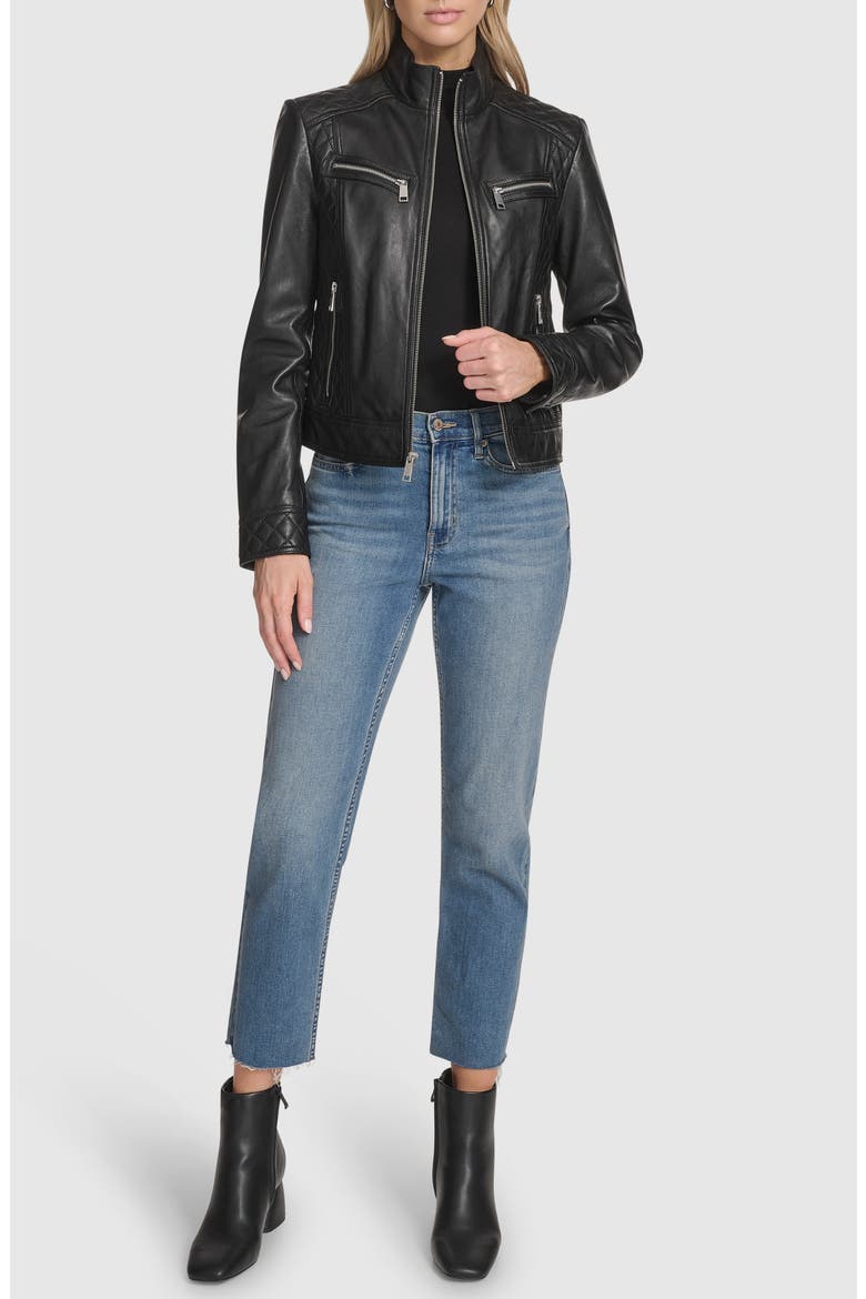 Mikel Racer Leather Jacket, Alternate, color, BLACK