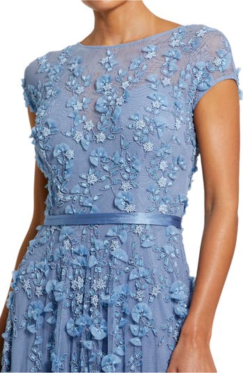 【Mac Duggal】フラッタースリーブ フローラル エンブロイダード Multicolor Brocade Strapless Floral Gown With Ruffle Hem