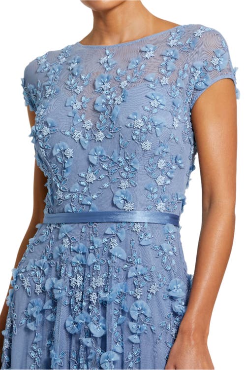 Mac Duggal Floral Embellished Short Sleeve Mesh Gown In Sky Blue