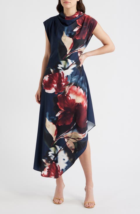 Print Asymmetric Cap Sleeve Cowl Neck Dress