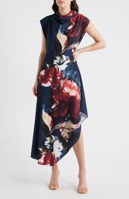 Maggy London Print Asymmetric Cap Sleeve Cowl Neck Dress