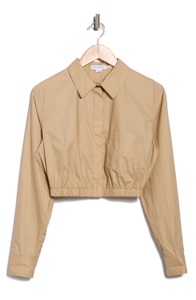 Good American Long Sleeve Coated Poplin Crop Button-Up Shirt, Alternate, color, Champagne
