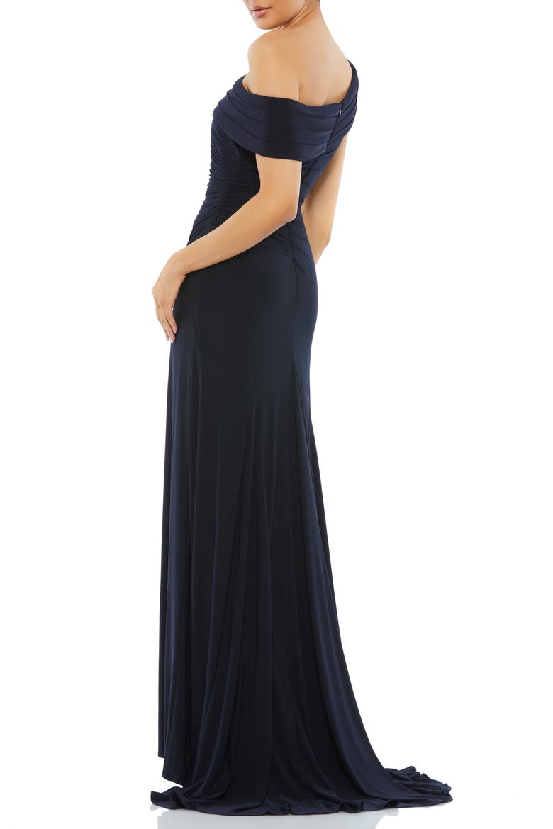 Foldover off-the-shoulder slit gown, Alternate, color, NAVY