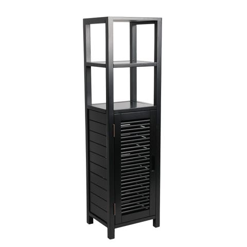 Solstice Handcrafted Pine Wood Bathroom Freestanding Floor Storage Cabinet with Louvered Door and 3-Tier Open Shelves