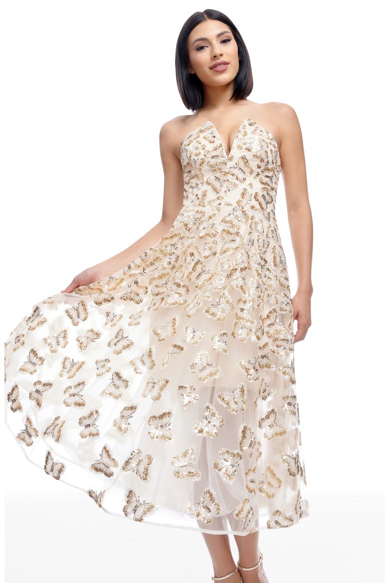 Briella Sequin Butterfly Strapless Cocktail Dress, Alternate, color, CHAMPAGNE MULTI