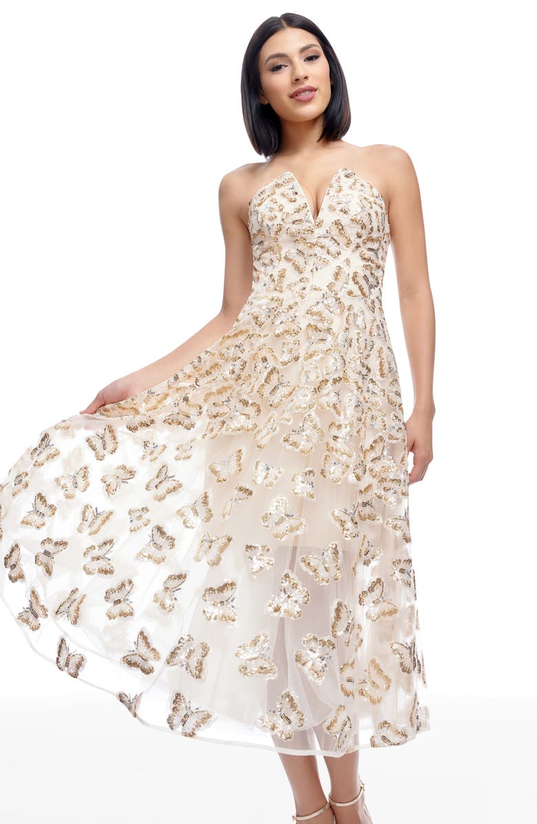 Dress the Population Briella Sequin Butterfly Strapless Cocktail Dress, Alternate, color, Champagne Multi