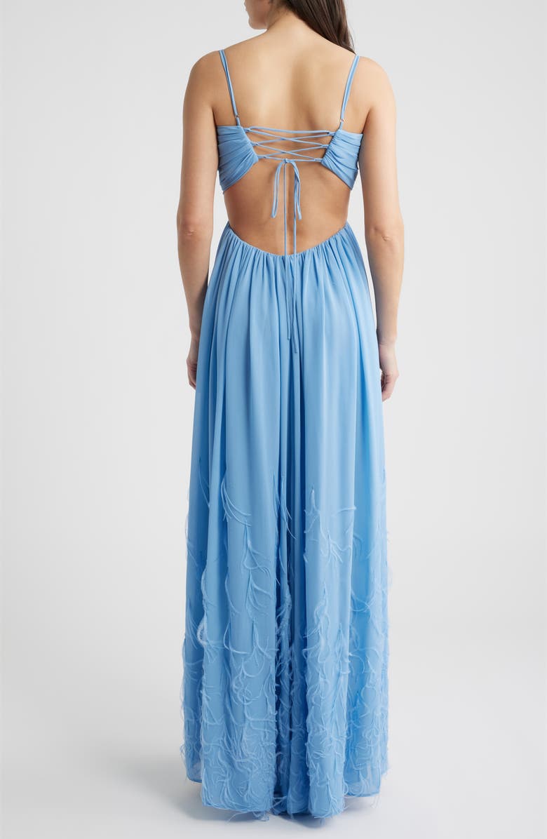 Delfi Collective Eli Cutout Feather Trim Gown, Alternate, color, Baby Blue
