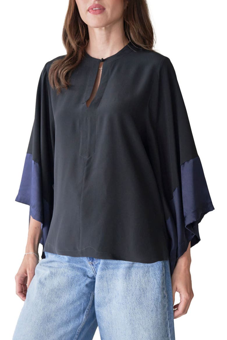 Silk Wide Sleeve Top, Main, color, BlackNavy