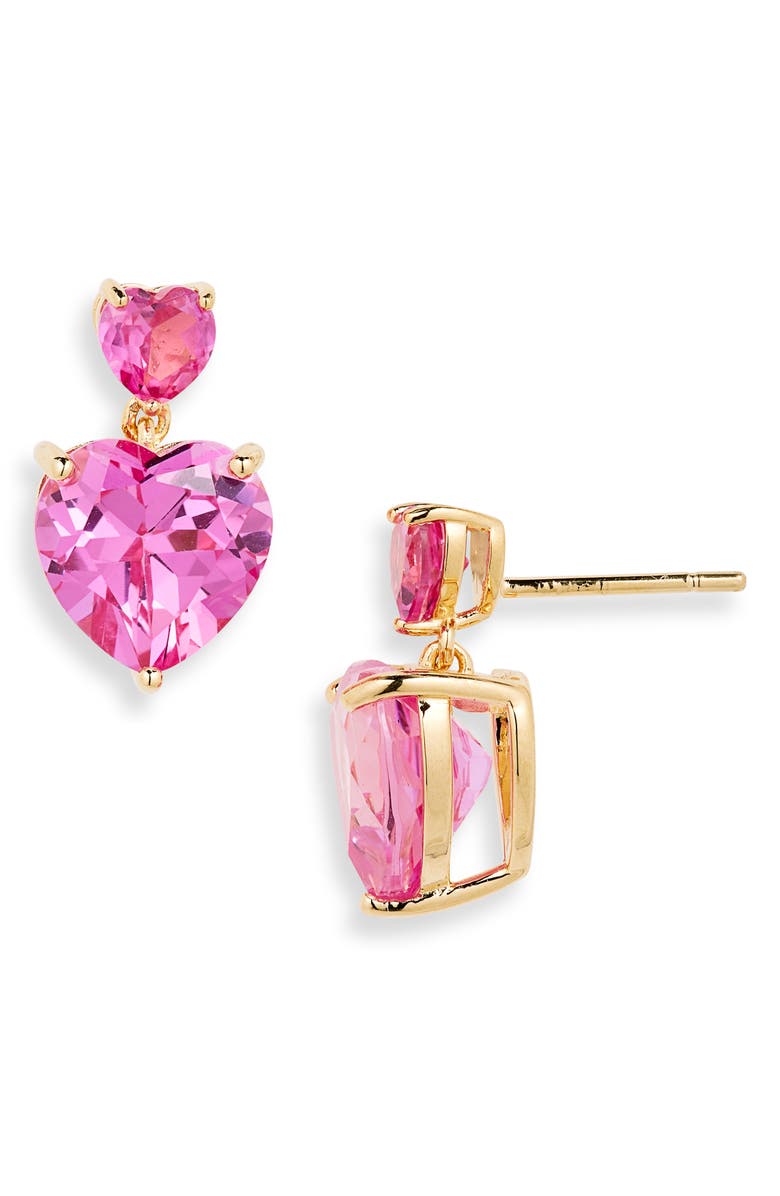JUDITH LEIBER COUTURE Crystal Heart Drop Earrings, Main, color, Pink