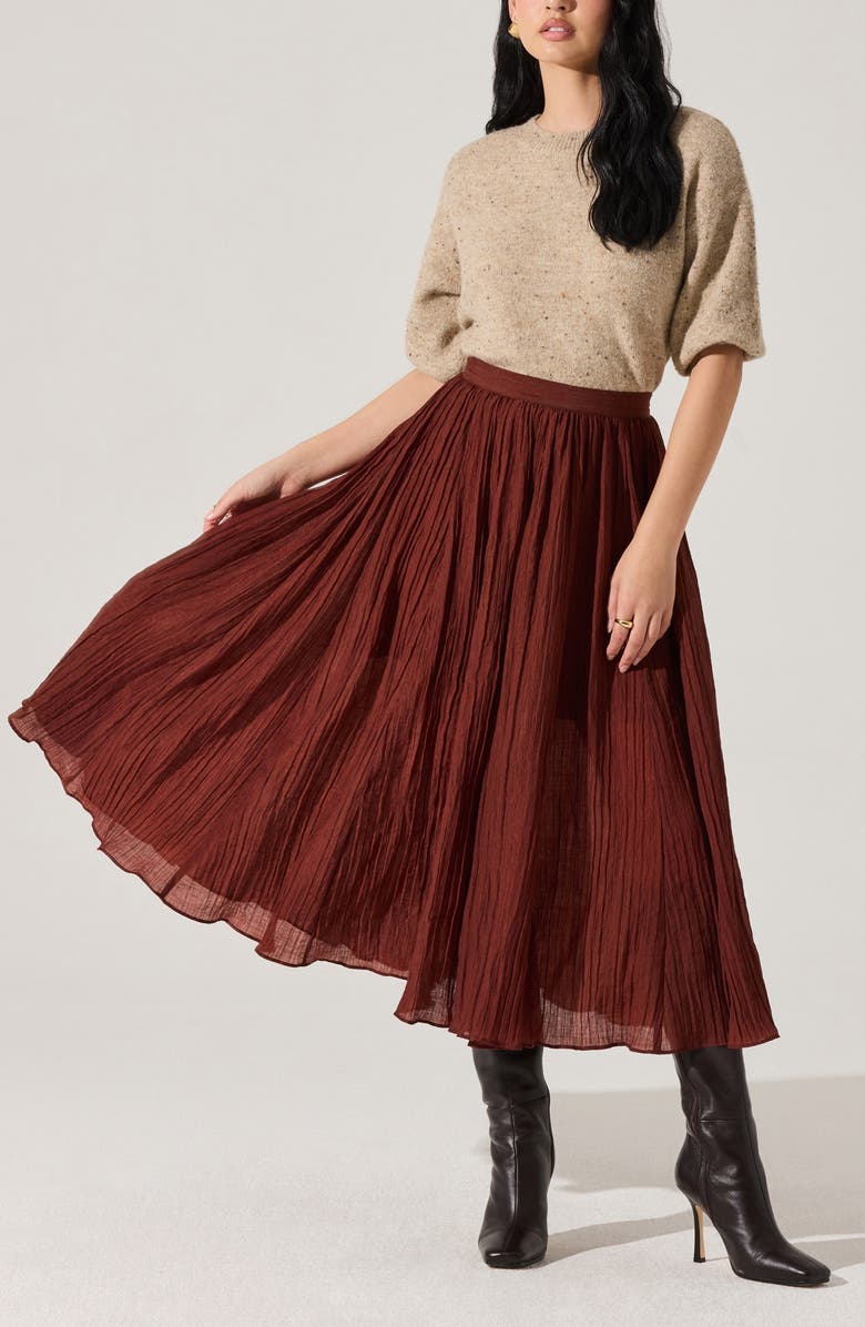 ASTR the Label Salome Pleated A-Line Midi Skirt, Alternate, color, Burnt Brown