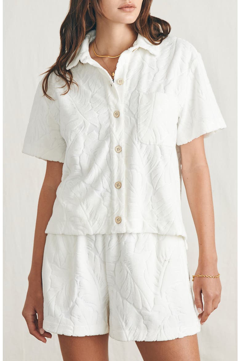 Cabana Leaf Jacquard French Terry Button-Up Shirt, Main, color, TROPIC FERN
