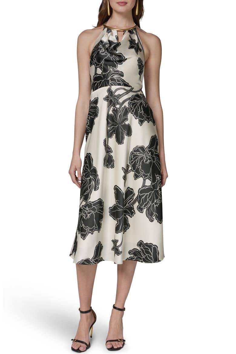Floral Midi Dress, Main, color, CREAM/ BLACK