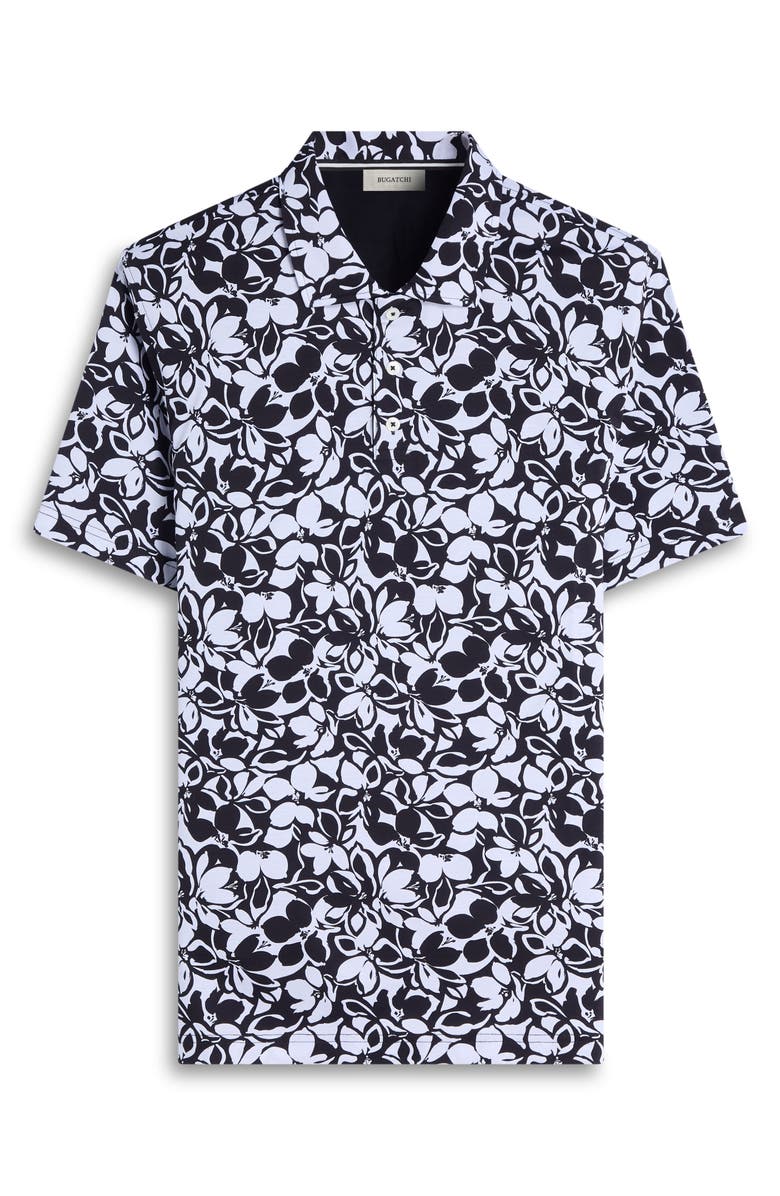 Bugatchi Hendrix Digital Monochromatic Floral Print Pima Cotton Polo, Alternate, color, Black