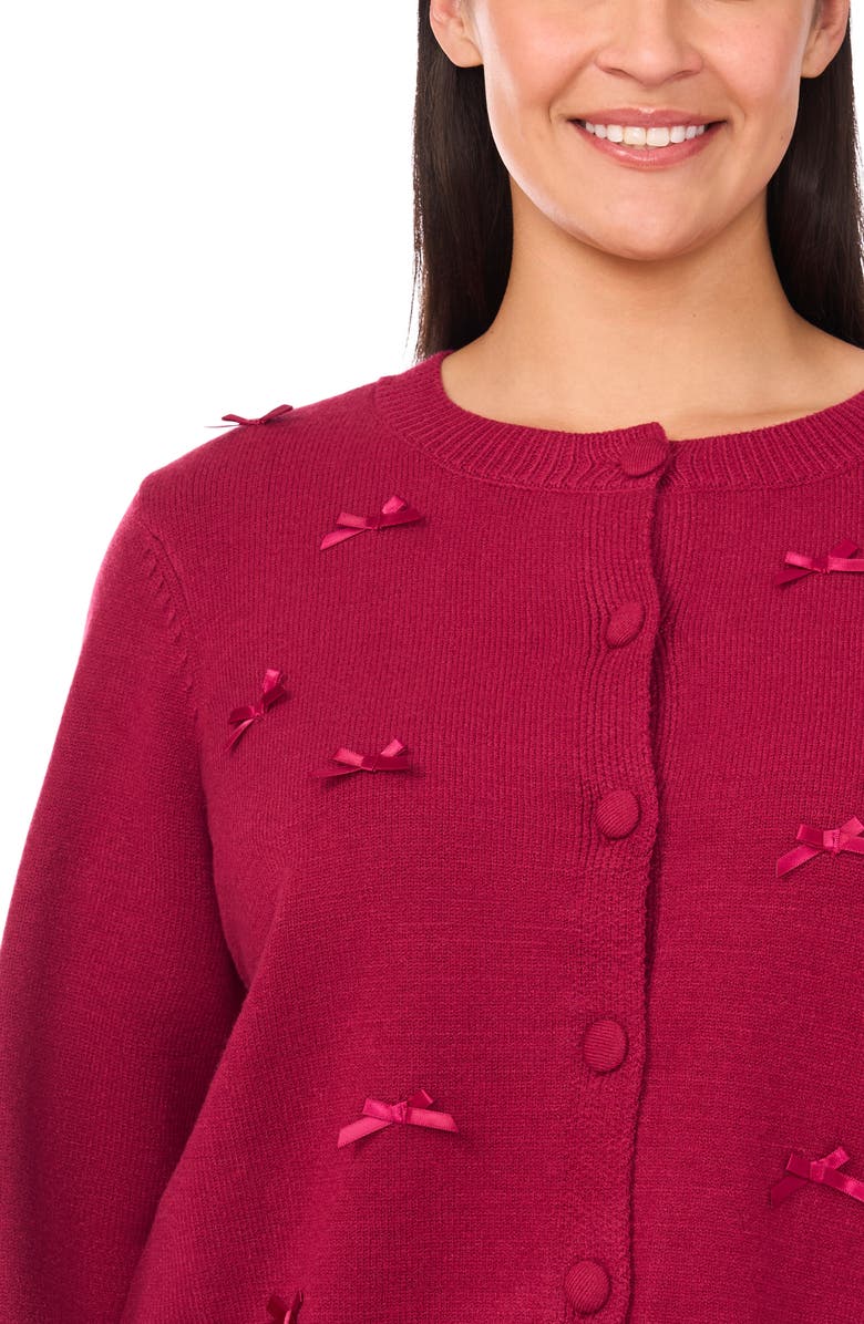 CeCe Ribbon Appliqué Cardigan, Alternate, color, Deep Merlot