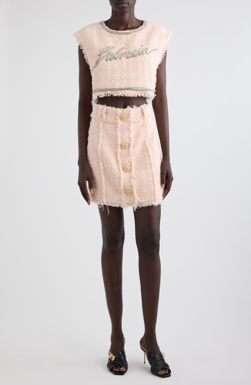 Shop Balmain Crystal Signature Houndstooth Tweed Crop Top In Ohp Rose/multi