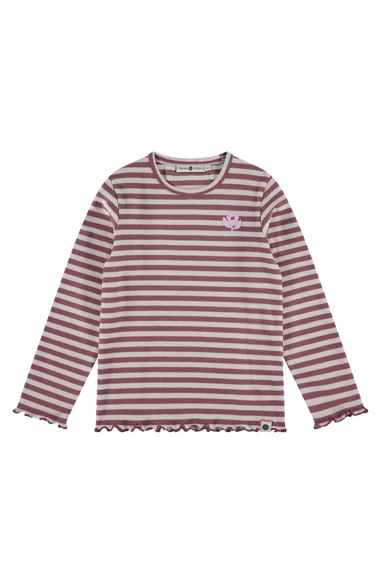 Stains and Stories by Babyface Lettuce Edge Ribbed Striped Long Sleeve Shirt, Main, color, Burgundy