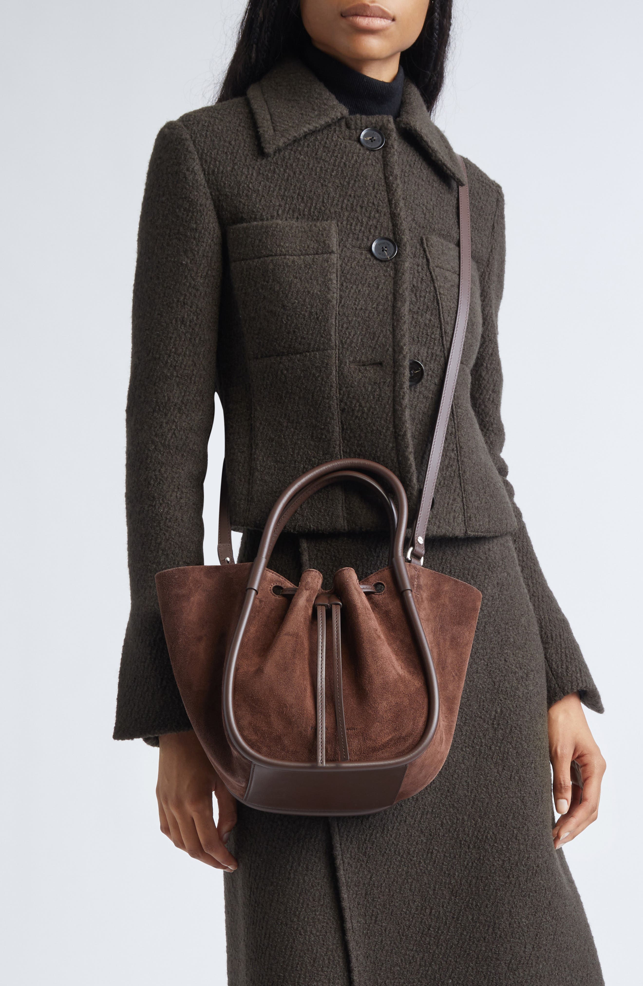 Proenza Schouler Small Ruched Suede Tote, Alternate, color, Chocolate