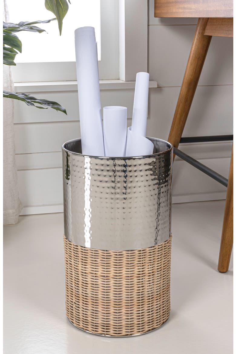 Asher Modern 2-Tone Faux Wicker/Metal Cylinder Waste Basket, Alternate, color, Chrome/Natural