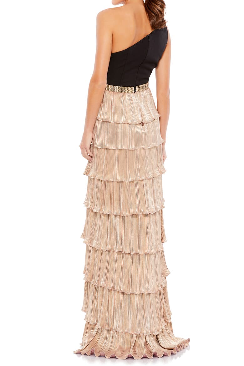 Women's Metallic One Shoulder Ruffle Tiered A Line Gown, Alternate, color, BLACK GOLD