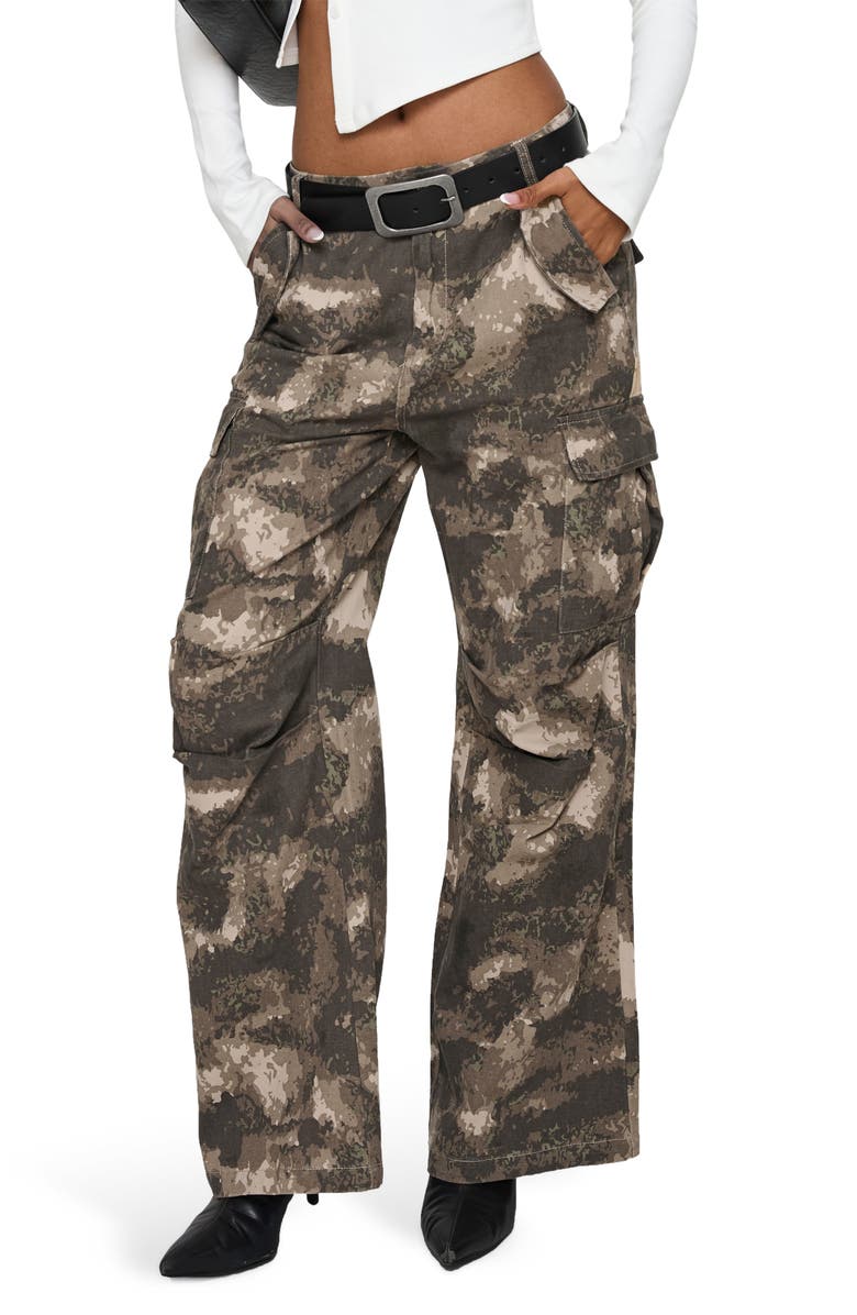 Princess Polly Mischief Camo Low Rise Wide Leg Cargo Pants, Main, color, Green