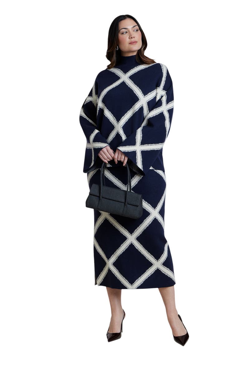 Mock Neck Intarsia Sweater, Alternate, color, NAVY/WHITE GRID