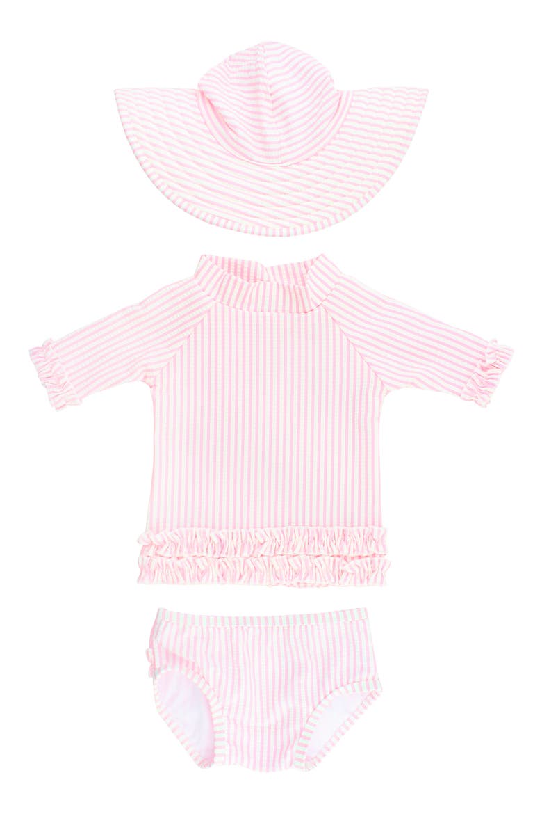 Seersucker Two-Piece Rashguard Swimsuit & Hat Set, Main, color, PINK