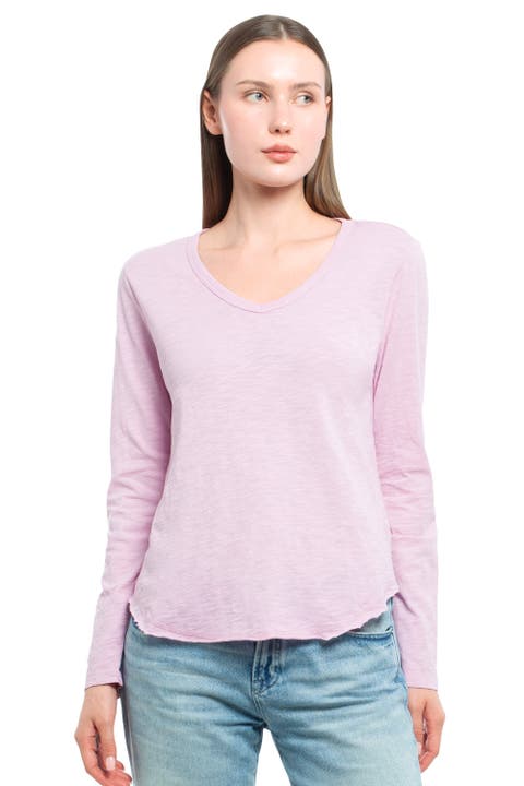 Long Sleeve V-Neck With Raw Hem Shirttail