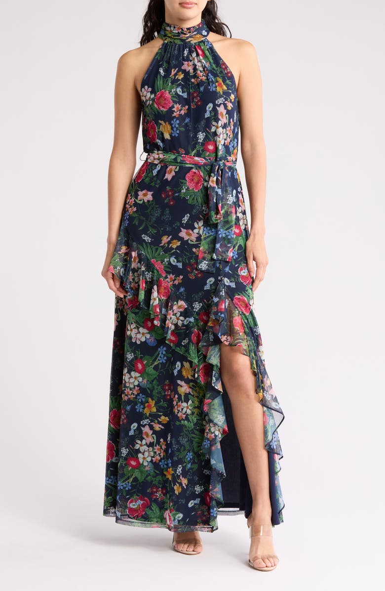 Anne Klein Sleeveless Asymmetric Ruffle Maxi Dress, Main, color, 