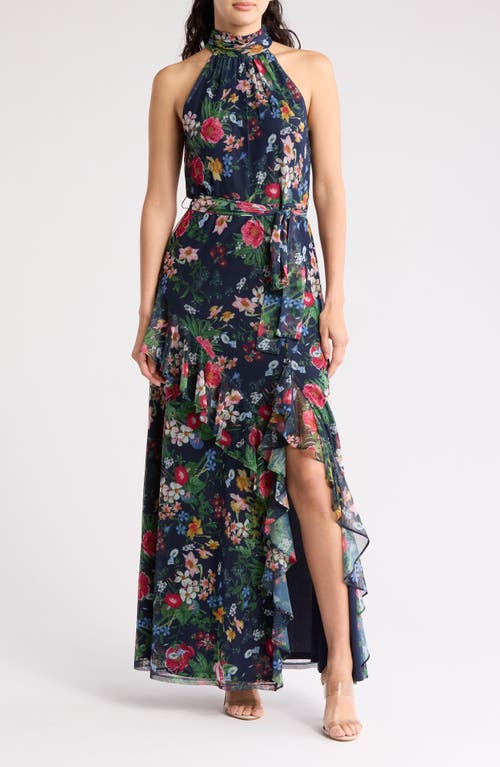 Anne Klein Printed Mesh Asymmetrical Ruffle Hem Maxi Dress In Distant Mountain Multi