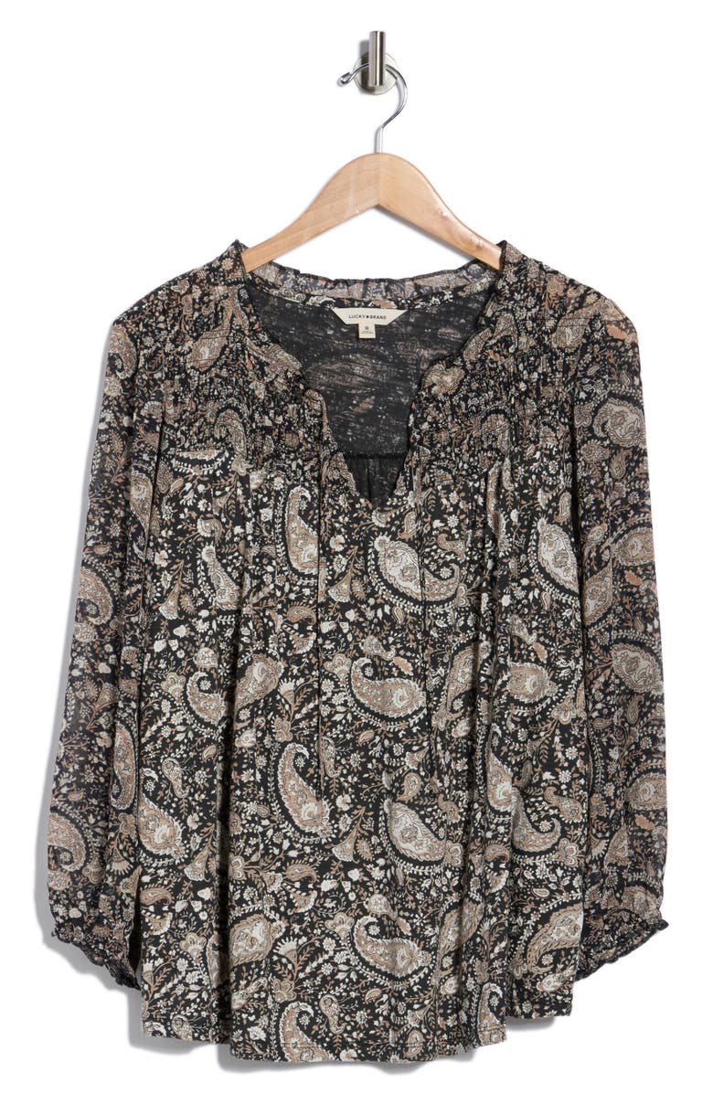 Lucky Brand Split Neck Smocked Long Sleeve Top, Alternate, color, Black Multi Combo