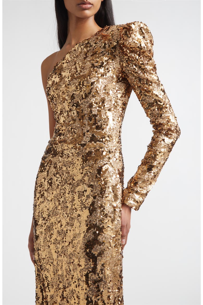Sabrina Stretch Sequin One Shoulder Long Sleeve Gown, Alternate, color, COPPER