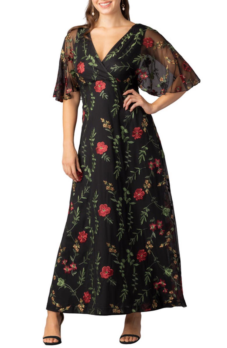 Kiyonna Embroidered Elegance Evening Gown with Sleeves, Main, color, Onyx