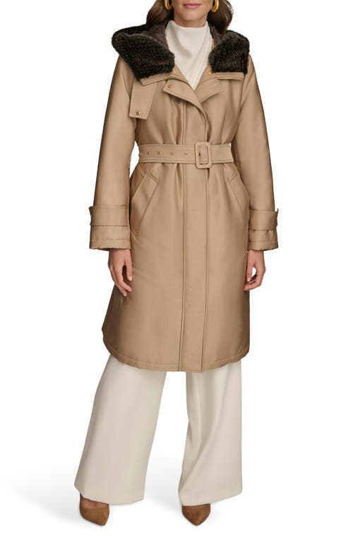 Donna Karan New York Faux Fur Trim Puffer Coat in Khaki 