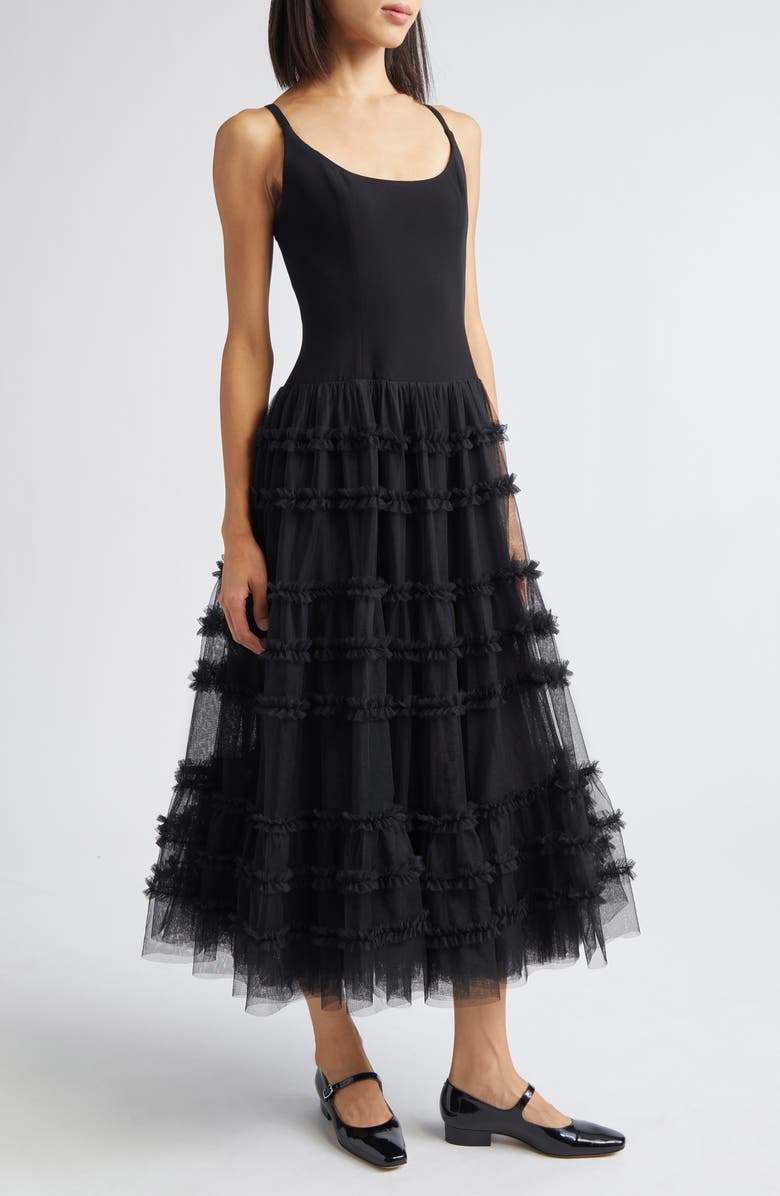 Cinq à Sept Zoella Ruffle Jersey & Mesh Dress, Alternate, color, Black