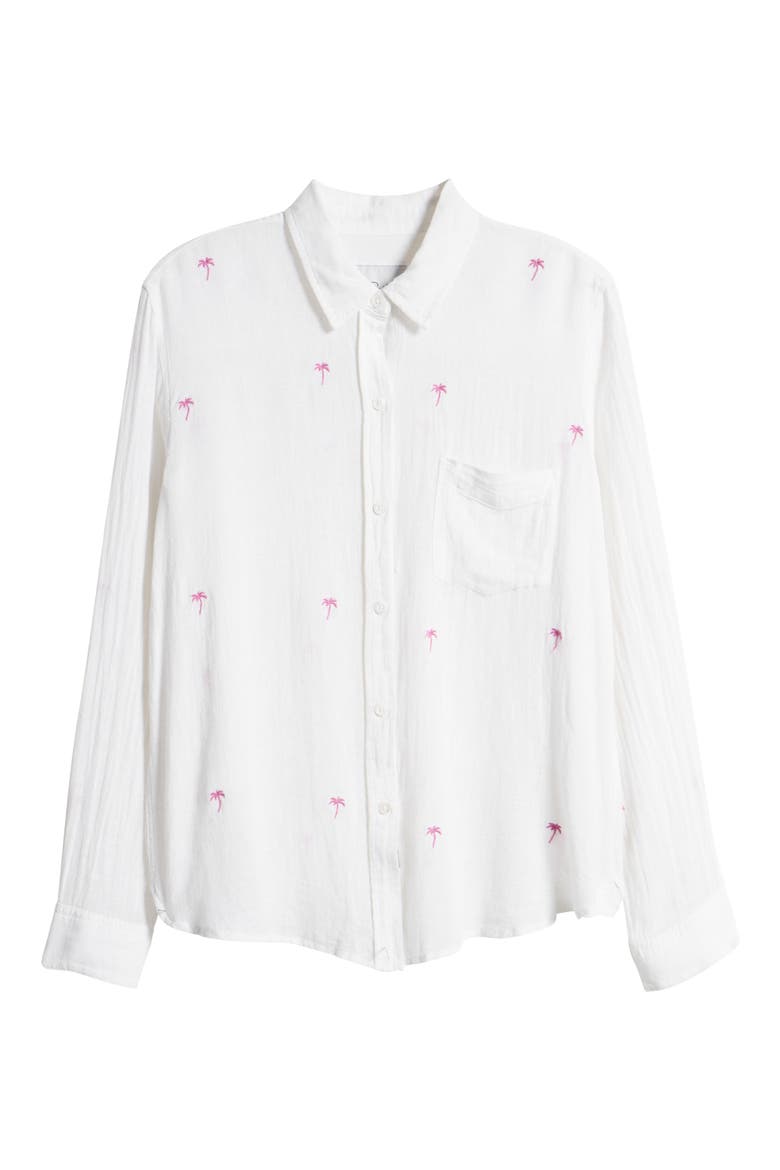 Charli Palm Tree Embroidered Linen Blend Button-Up Shirt, Alternate, color, FUSCHIA EMBROIDERED PALMS