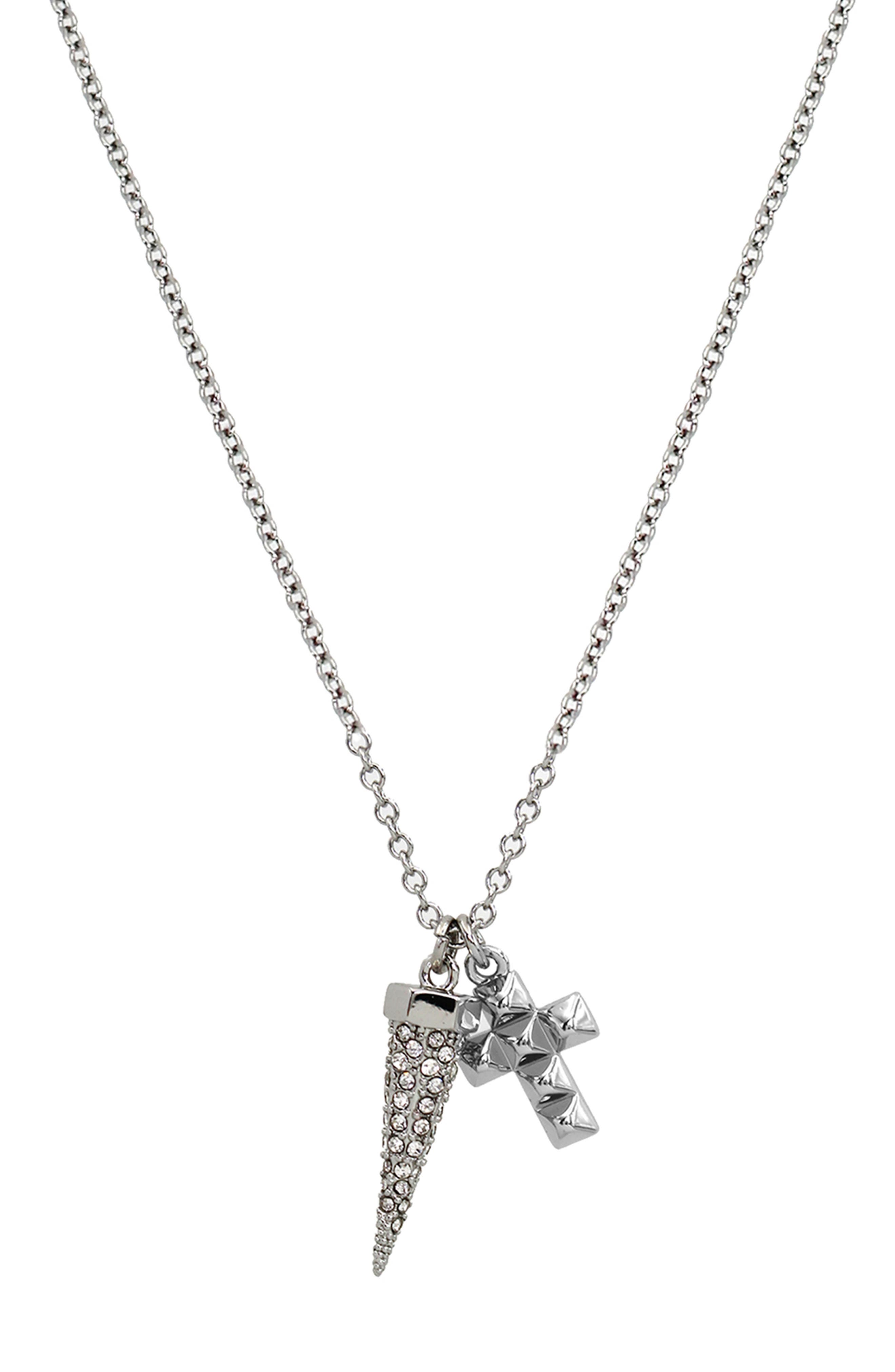 AllSaints Pavé Crystal Bullet & Cross Charm Pendant Necklace