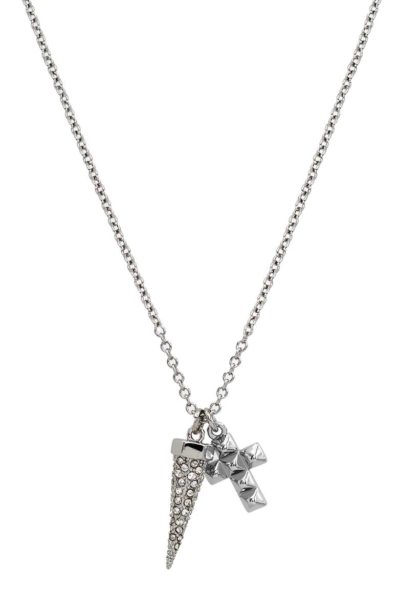AllSaints Pavé Crystal Bullet & Cross Charm Pendant Necklace, Main, color, Rhodium
