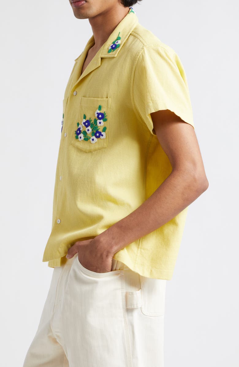Bode Beaded Flower Short Sleeve Cotton Corduroy Button-Up Shirt, Alternate, color, 