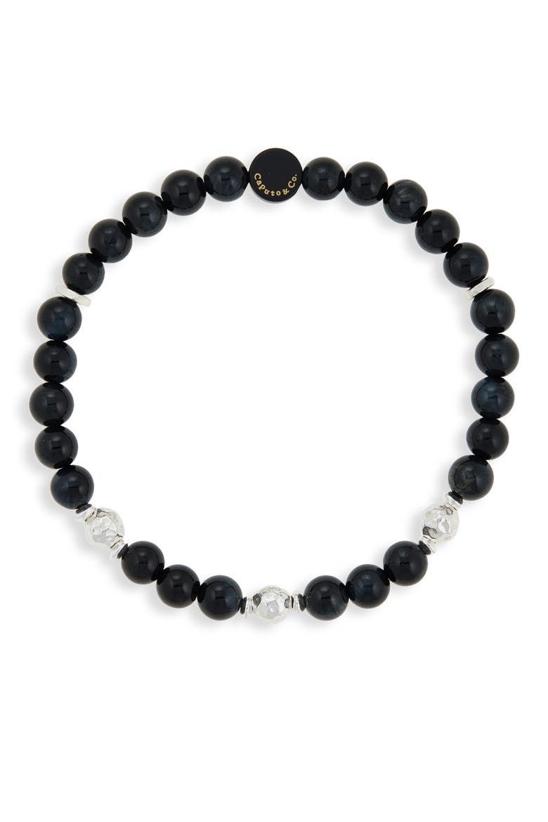 Men's Beaded & Hammered Ball Stretch Bracelet, Main, color, BLUE TIGER EYE