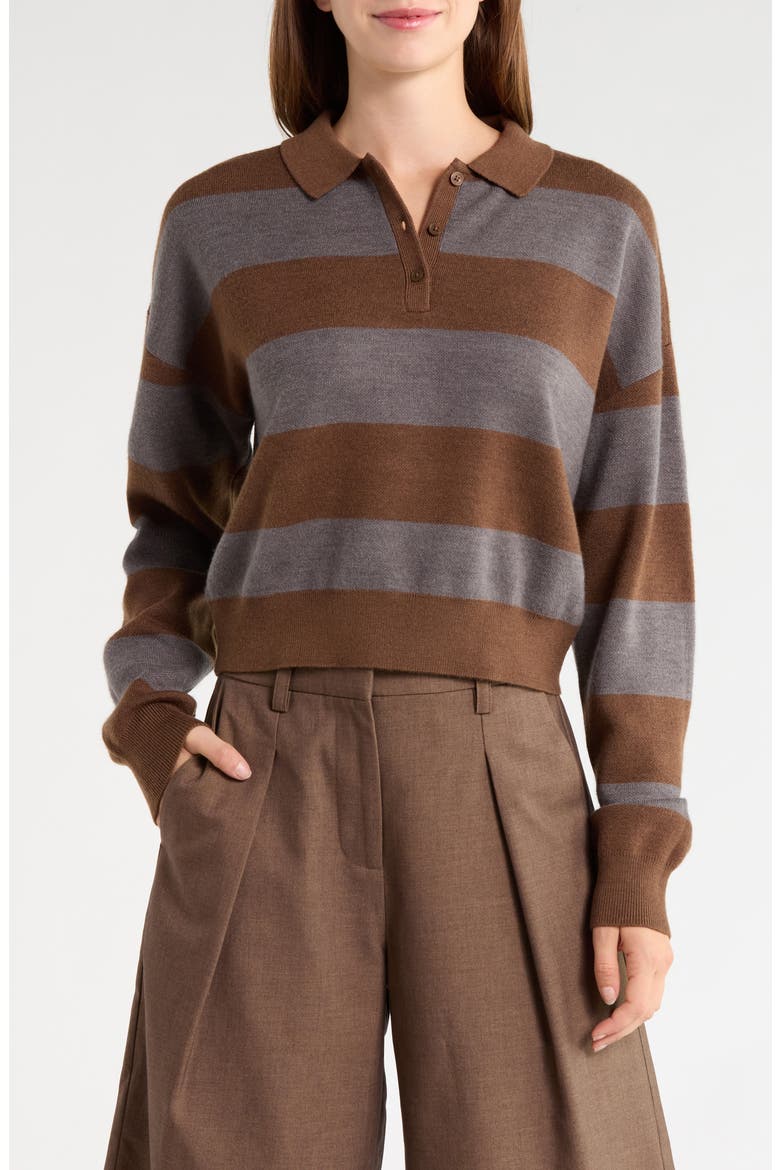 Striped Wool Blend Polo Sweater, Main, color, WALNUT