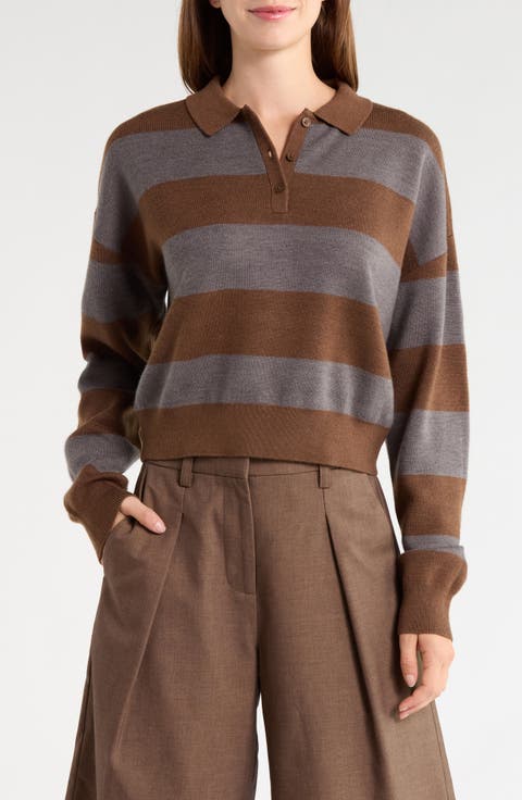 Striped Wool Blend Polo Sweater