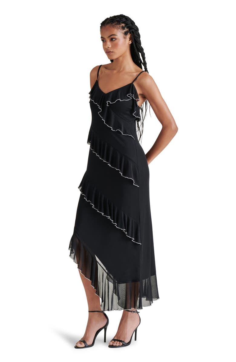 Steve Madden Aida Contrast Trim Ruffle Sleeveless Asymmetric Midi Dress, Alternate, color, 