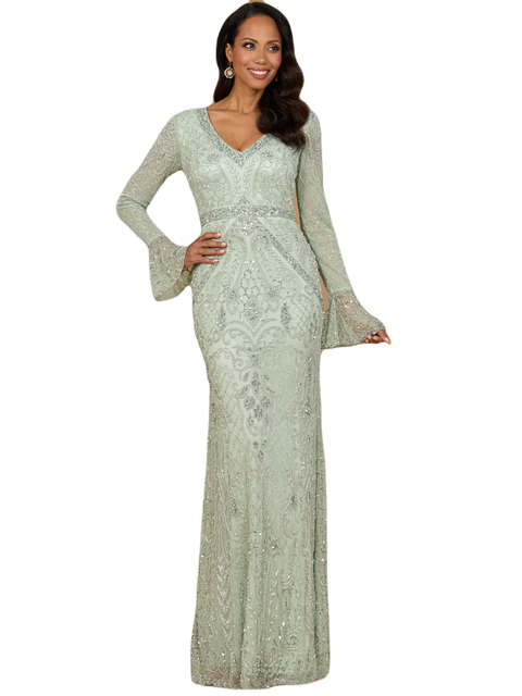 Long Bell Sleeve V-Neck Beaded Gown