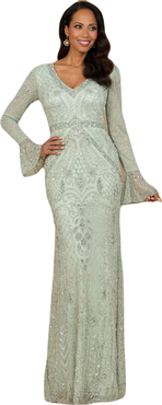 LARA New York Long Bell Sleeve V-Neck Beaded Gown
