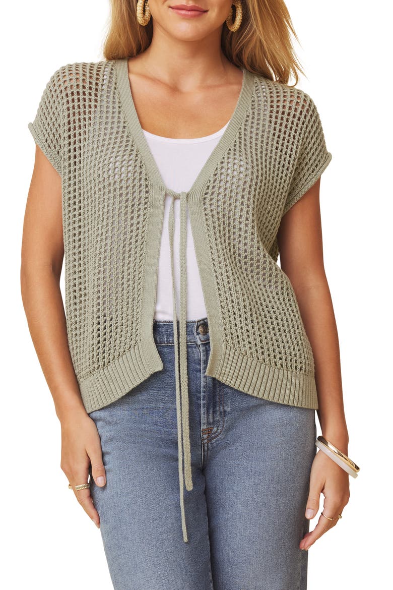 Simona Tie Front Short Sleeve Cardigan, Main, color, EUCALYPTUS GREEN