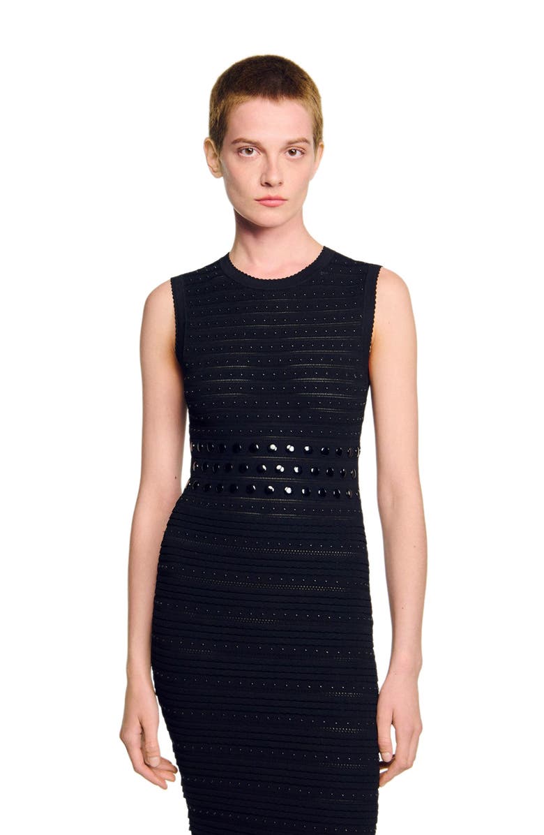 SANDRO Knit midi dress with studs, Alternate, color, Black