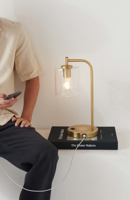 Brightech Elizabeth 5.5" Glass Shade Led Table Lamp With Usb And Wireless Charging Pad, Bulb Include In Gold