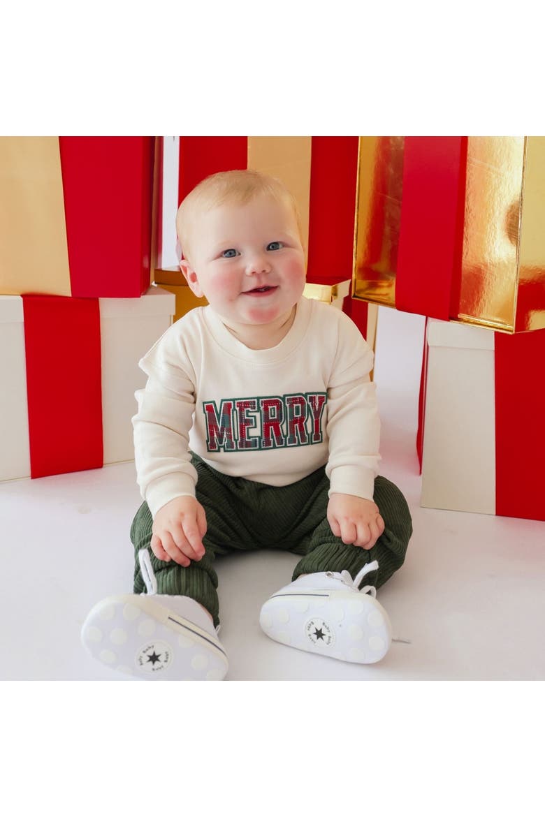 Merry Tartan Patch Christmas Long Sleeve Romper, Alternate, color, Natural
